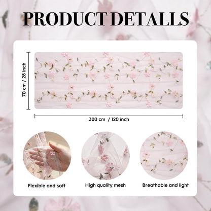Artoid Mode 3D Flower Pink Gauze Embroidery Table Runner 120 Inch 10FT, Tulle Seasonal Spring Kitchen Dining Holiday Table Decor for Home Party