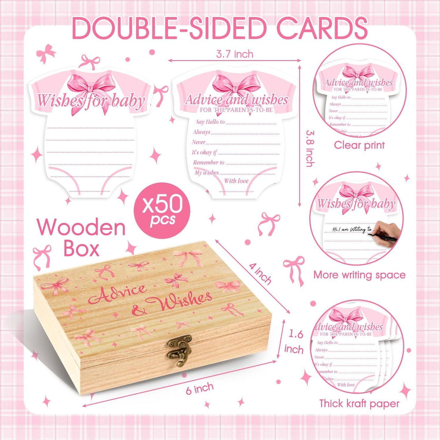 Pink Bow Baby Shower Decorations, Coquette Baby Shower Prediction and Advice Cards, 50PCS Pink Bow Advice and Wish Cards with Box for New Parents, Bow Games Activity for Gender Reveal Party