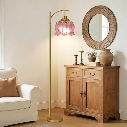 QIYIZM Pink Floor Lamp for Living Room,Bedroom,Gold Dimmable Standing Lamp with Remote,Mid Century Modern Brass Tall Lamp Boho Floor Lamps Arc Stained Glass Flower Floor Light Lamp Girls kids Bohemian