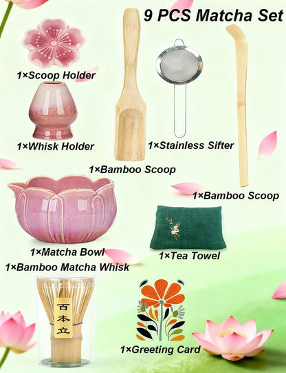 Matcha Set, 9 Pcs Lotus Matcha Whisk Set with Spout,18oz Ceramic Matcha Kit Chasen, Matcha Bowl Set Bamboo Japanese Matcha Making Kit, Cute Matcha Gifts Tools for Tea (Pink)