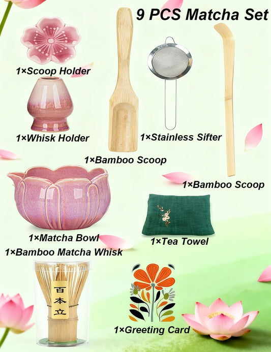 Matcha Set, 9 Pcs Lotus Matcha Whisk Set with Spout,18oz Ceramic Matcha Kit Chasen, Matcha Bowl Set Bamboo Japanese Matcha Making Kit, Cute Matcha Gifts Tools for Tea (Pink)