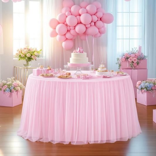 HB HBB MAGIC Light Pink Round Tablecloth 48 inch Stretchy Elastic Fitted Round Table Cloth Cover, Pink Table Cloths for Parties Tulle Table Cloth with Skirt Wedding Bridal Shower Tables Decoration