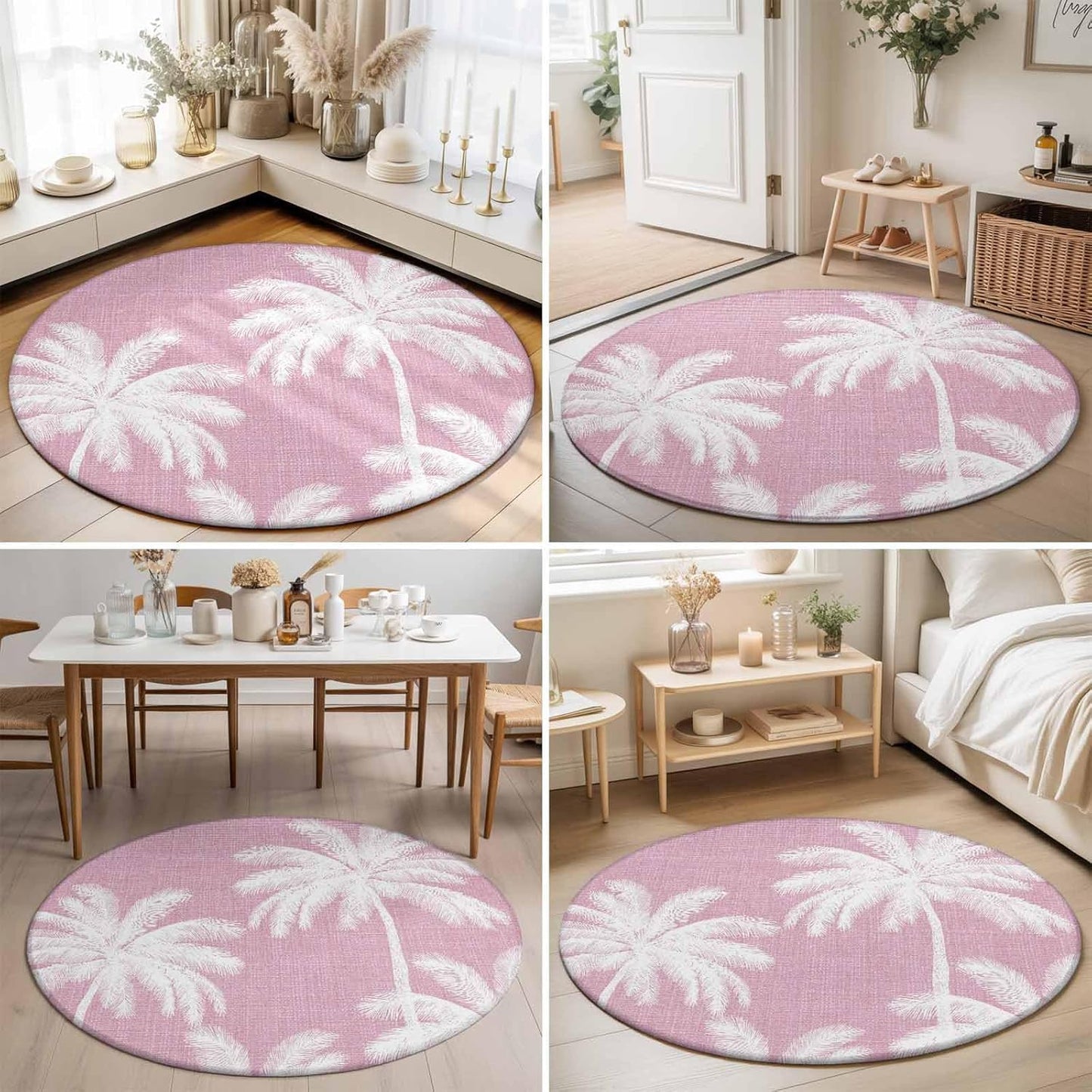Round Area Rugs 4Ft, Peach Pink Palm Tree Non-Slip Washable Circle Rugs Carpet, Summer Botancial Tropical Farmhouse Indoor Outdoor Rug Floor Mats Throw Runner for Bedroom Living Room Bathroom