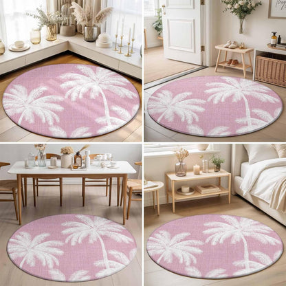 Round Area Rugs 4Ft, Peach Pink Palm Tree Non-Slip Washable Circle Rugs Carpet, Summer Botancial Tropical Farmhouse Indoor Outdoor Rug Floor Mats Throw Runner for Bedroom Living Room Bathroom