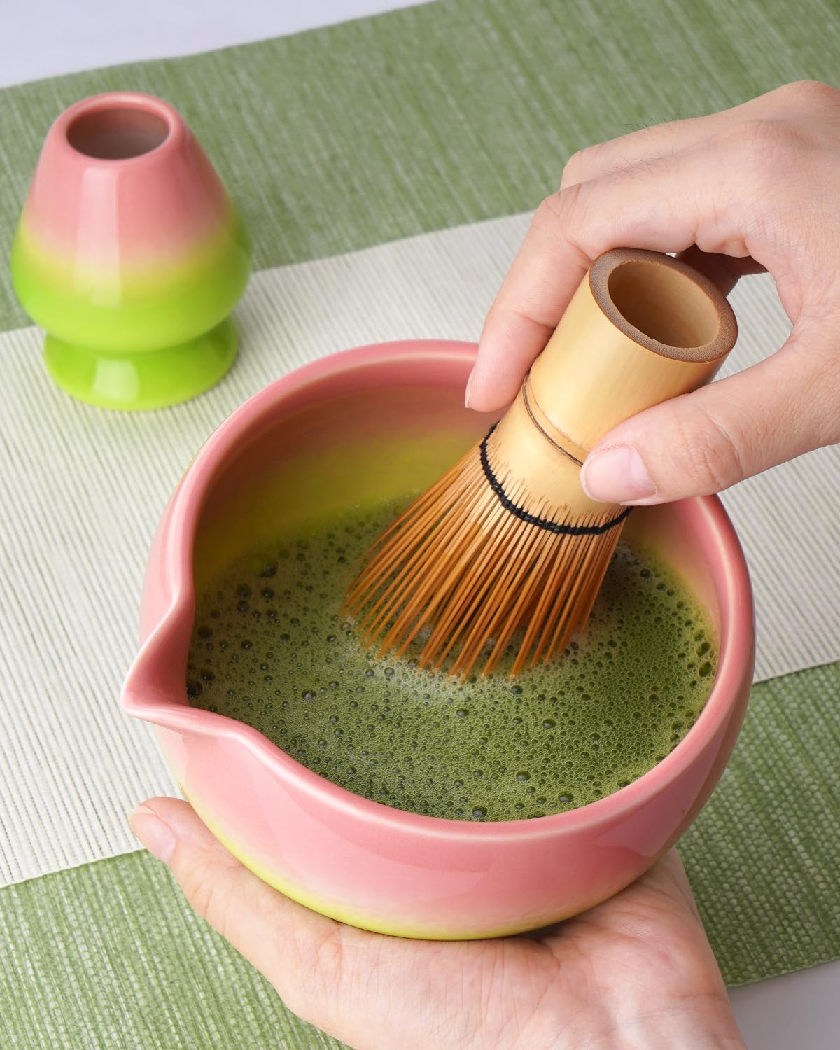 Joiish Matcha Whisk Set, Gradient Matcha Kit, Ceramic Bowl with Spout (18oz), Bamboo Whisk, Stainless Sifter, Scoop & Chasen Holder, 5-PC Complete Macha Tea Ceremony Tools (Pink-Green)