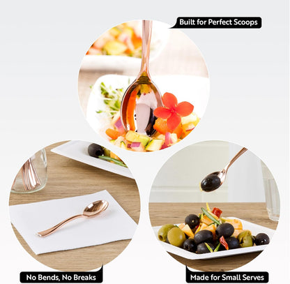 Restaurantware 4 Inch Mini Spoons 100 Disposable Tiny Spoons - Heavy-Duty Pair With Appetizers Or Desserts Rose Gold Plastic Sample Spoons For Parties Weddings Or Catering