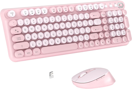 Links9+ Wireless Keyboard and Mouse Combo, Full-Size Retro Typewriter Keyboard Style, 2.4GHz USB Receiver, Plug-and-Play, Keyboard Mouse Set for Computer, Laptop, Windows, Mac, and PC (Pink)