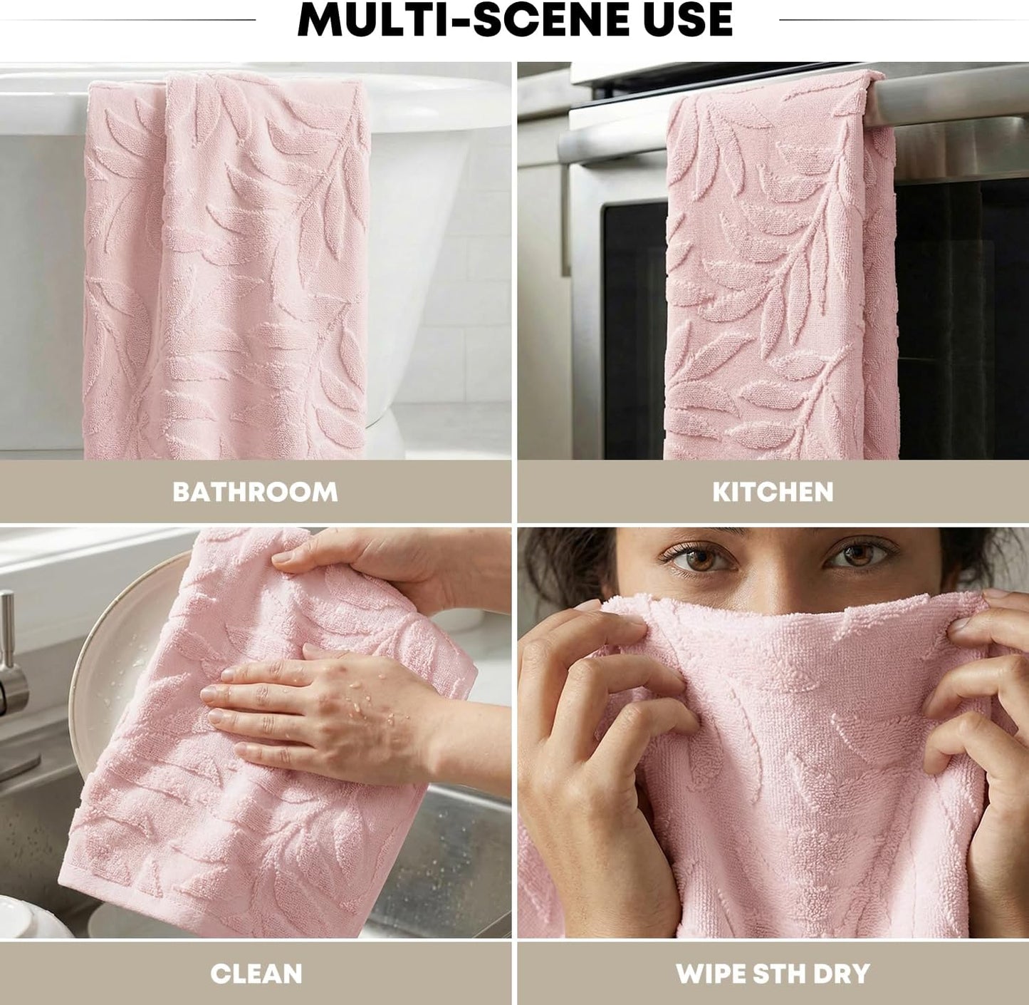 Artoid Mode 2 Pcs Pink 3D Leaves Jacquard Hand Towels for Bathroom, 100% Cotton Soft Absorbent Bathroom Decor Towels, 13.7 x 29.5 Inch