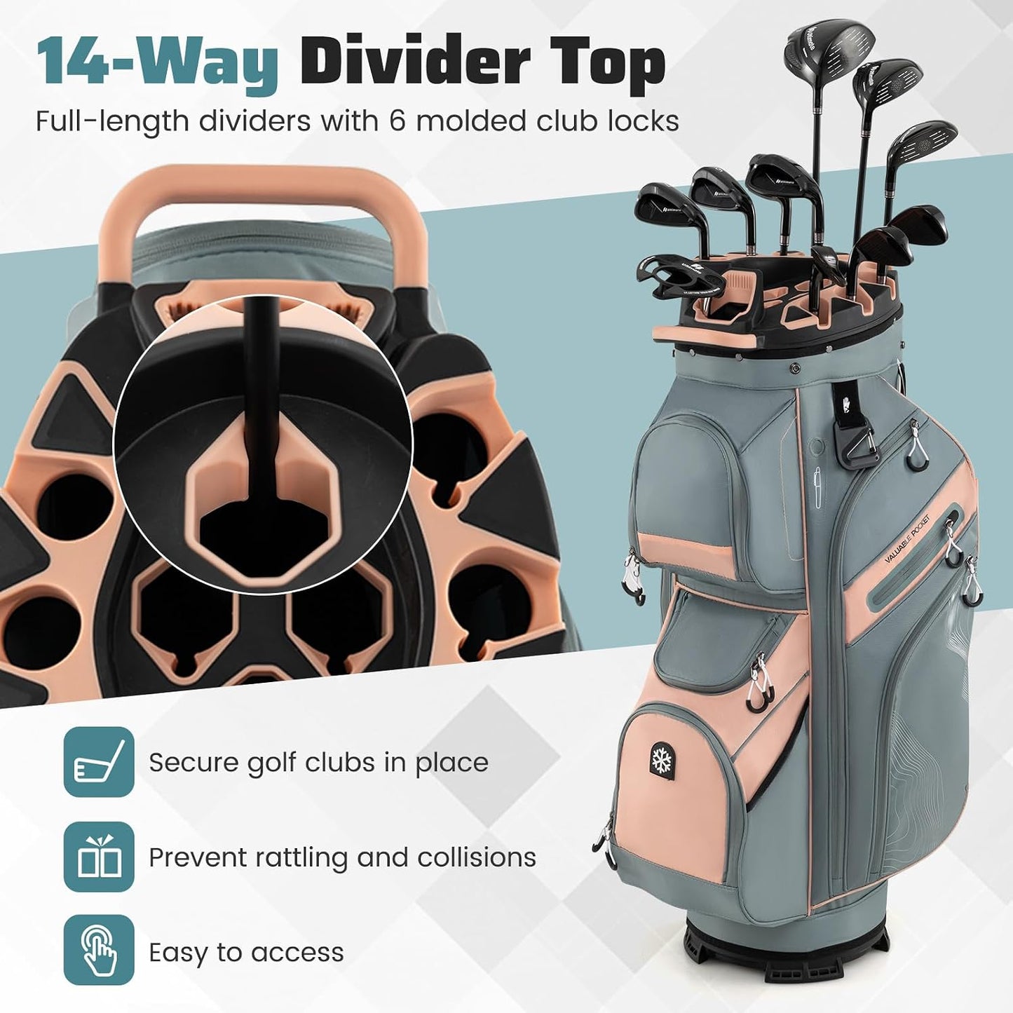 Goplus Lightweight Golf Cart Bag, Molded Lock Top Golf Club Bag w/14-Way Full Length Organizer Dividers, 11 Pockets, Cooler Bag, Straps, Umbrella Holder & Rain Hood for Men Women