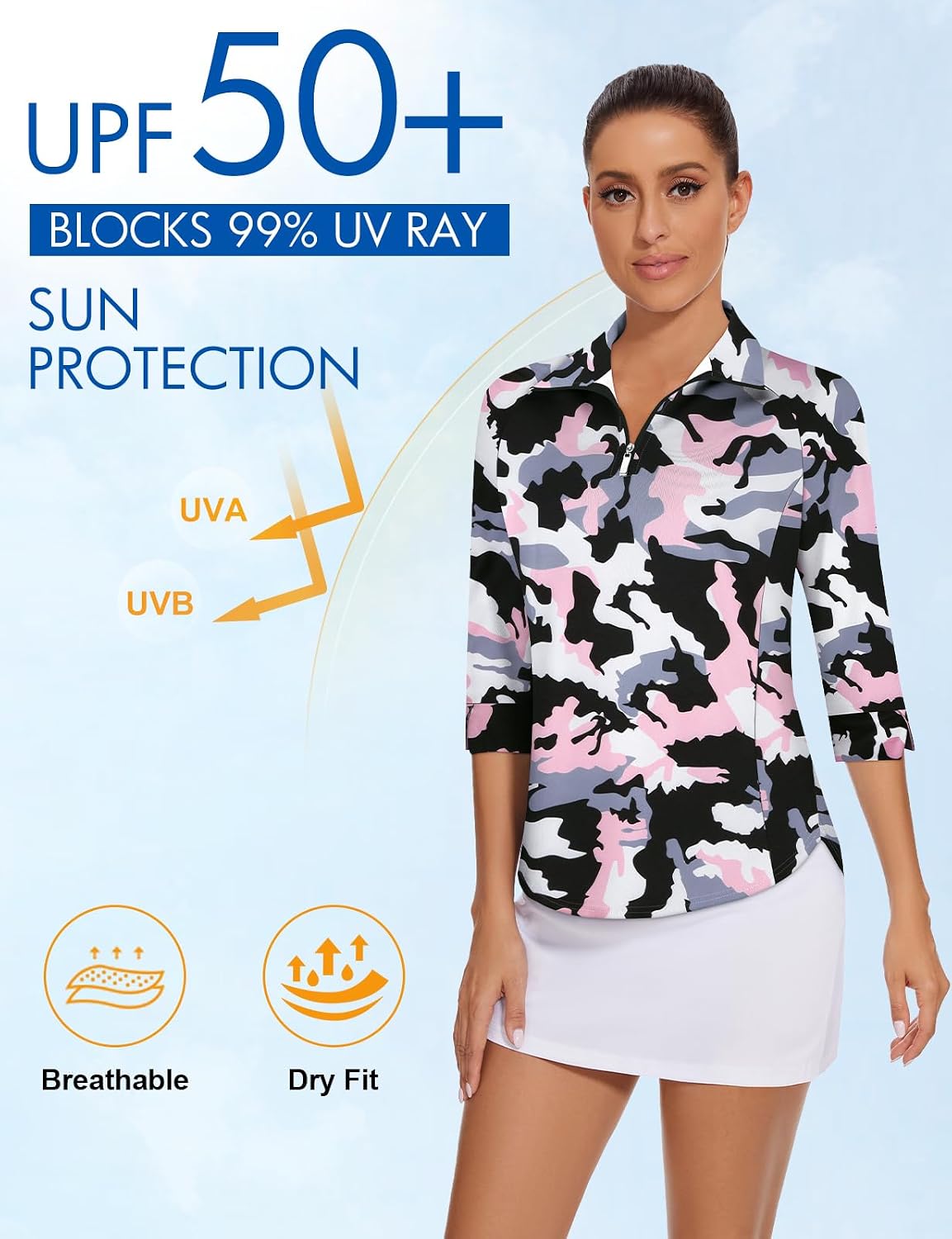 Cucuchy Style Womens Golf Shirt 3/4 Sleeve Quarter Zip Workout Tennis Tops Quick Dry UPF 50+ Shirts