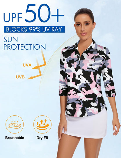 Cucuchy Style Womens Golf Shirt 3/4 Sleeve Quarter Zip Workout Tennis Tops Quick Dry UPF 50+ Shirts