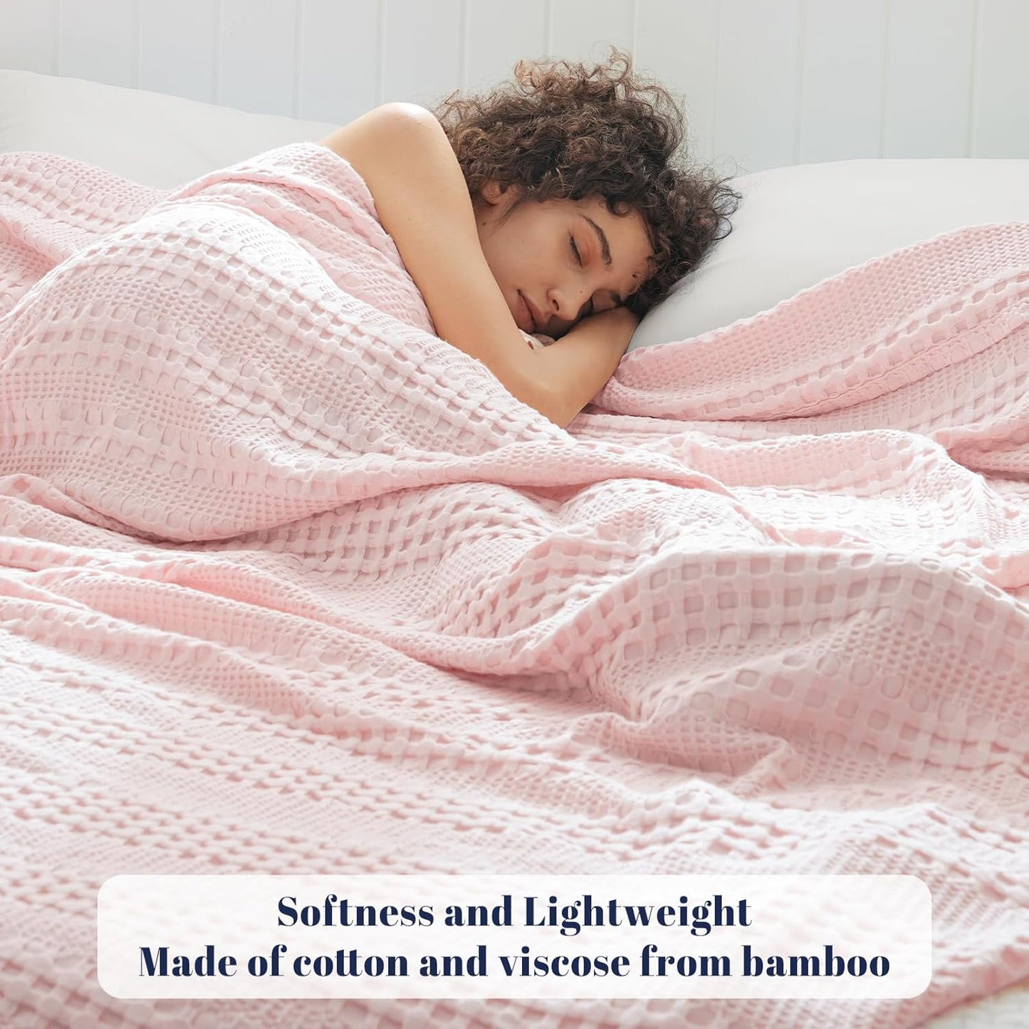 PHF Cooling Waffle Blanket Queen Size, Lightweight 60% Rayon from Bamboo & 40% Cotton Breathable Blanket for Hot Sleepers, Summer Use, Soft Luxury for Bed Couch Sofa, 90"x90", Pink