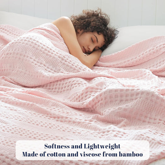 PHF Cooling Waffle Blanket Queen Size, Lightweight 60% Rayon from Bamboo & 40% Cotton Breathable Blanket for Hot Sleepers, Summer Use, Soft Luxury for Bed Couch Sofa, 90"x90", Pink