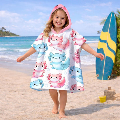 Axolotl Kids Hooded Beach Towel Wrap for 4-12 Years, Soft Absorbent Bath Poncho with Pink Axolotl Bubbles Print, Quick Dry Swim Cover Up for Pool, Beach, Vacation and Bathroom, 31x39 Inch