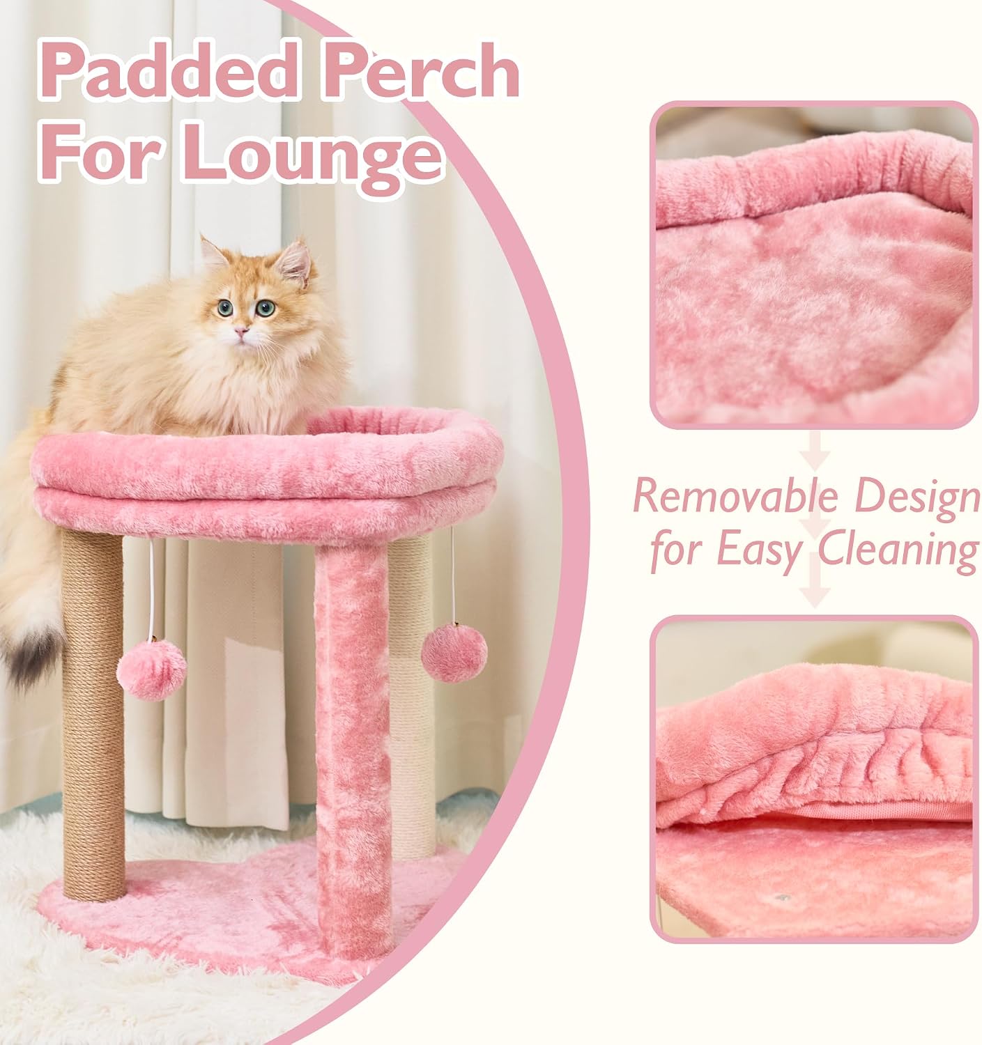 Cat Scratching Post Tree 3 in 1 Cat Tree Tower with Soft Bed, Heart Shape Scratch Posts with Two Hanging Ball Toys for Indoor Cats and Kittens Pink