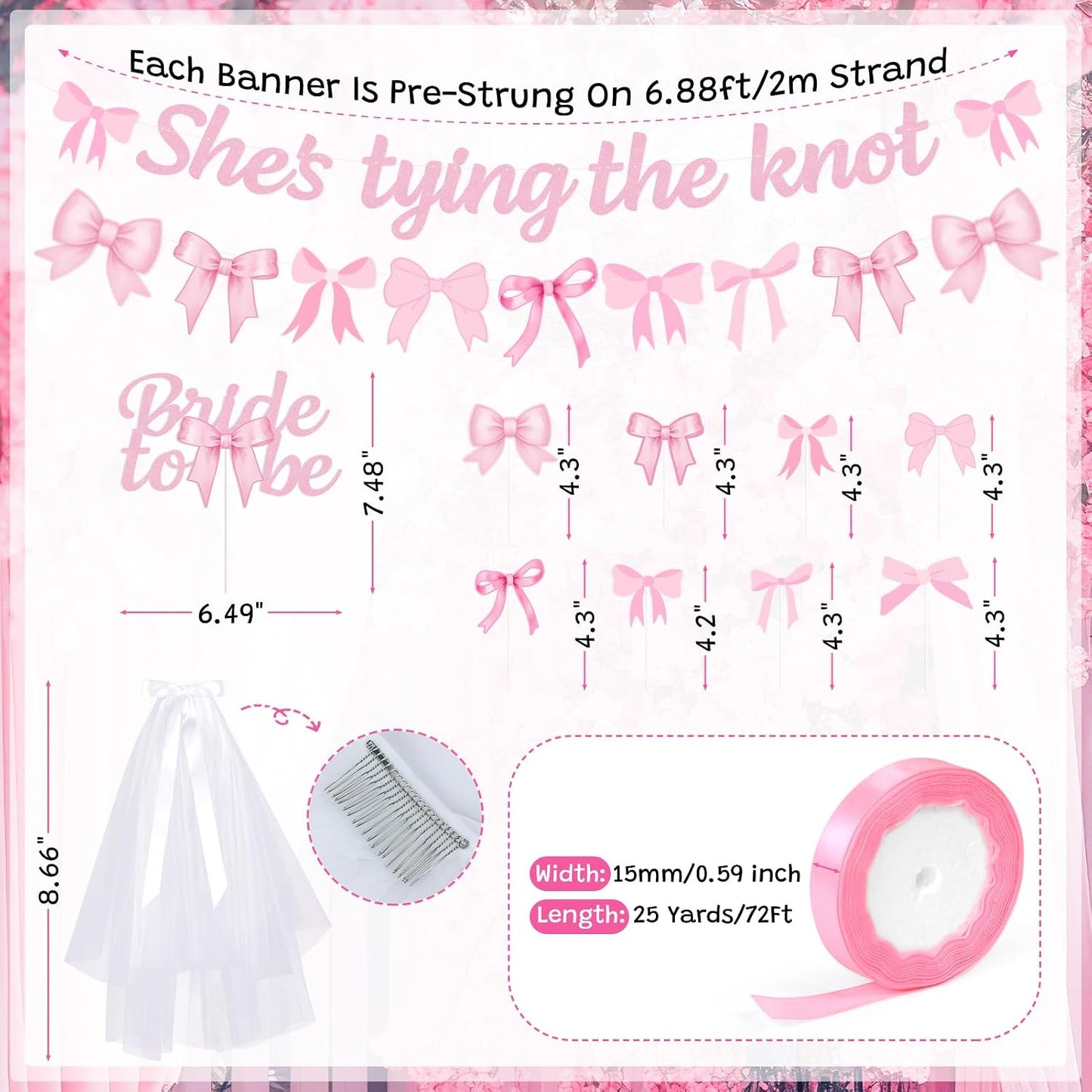 She's Tying The Knot Bridal Shower Party Decorations, Pink Bow Bachelorette Party Supplies, Bow Balloon Arch, She's Tying The Knot Banner, Bride To Be Cake Topper, Bow Veil & Satin Ribbon