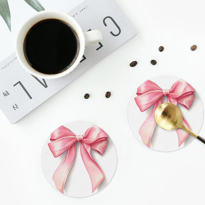 Watercolor Light Pastel Pink Ribbon Bow Drinks Coasters Set of 4 Leather Drink Coasters for Tabletop Protection Heat Resistant Bar Cup Mat Pad