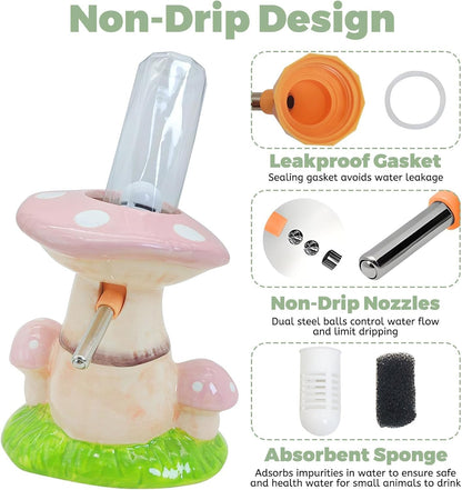 PINVNBY Hamster Water Bottle No Drip Ceramic Automatic Gerbil Water Bottle 80ML Water Dispenser with Mushroom Stand Holder for Gerbils Syrian Hamsters Dwarf Hamsters Mice (Pink)