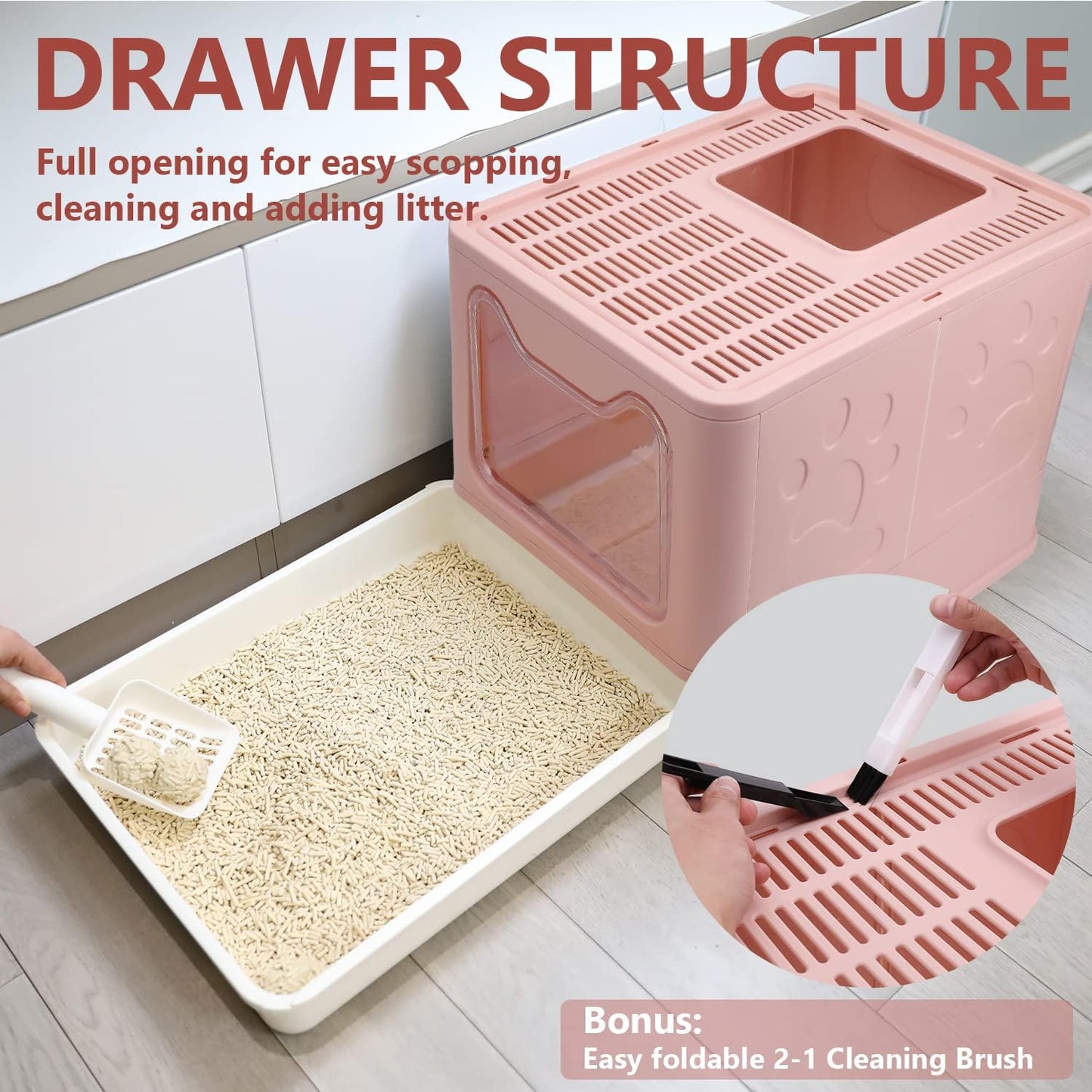 Foldable Cat Litter Box with Lid, Enclosed Potty, Large Top Entry Anti-Splashing Toilet, Easy to Clean Including Litter Scoop and 2-in-1 Cleaning Brush (Pink)