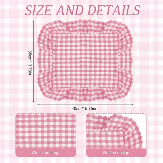 Set of 6 Pink Checkered Placemats Ruffled Rectangle Gingham Table Placemat Fabric Vintage Farmhouse Retro Pastel Aesthetic Chic Mat for Birthday Garden Picnic Baby Shower Bridal Shower