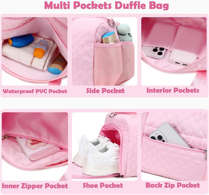 Pink Ballet Bags for Girls, Dance Duffle Bags with Wet & Shoe Compartments for Women, Overnight Travel Bags with Trolley Sleeve for Party Sleepover Bags