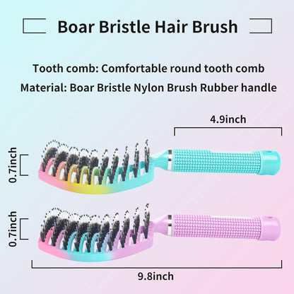 2 Pack Detangling Brush Getting Knots Out without Pain Adds Shine and Makes Hair Smooth,Detangler Boar Bristle Hair Brush for Adult & Kids Wet or Dry Hair(Green&Pink)