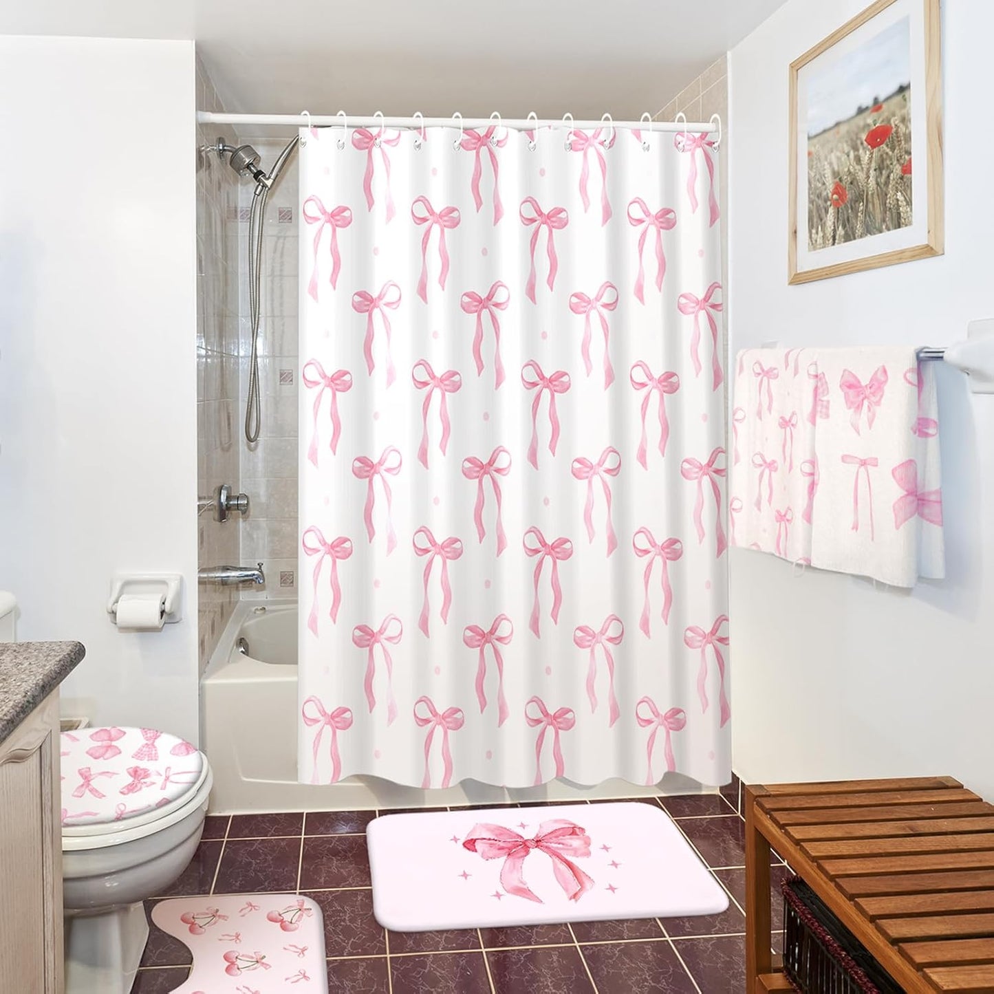 8 Pcs Pink Bow for Shower Curtain Sets for Bathroom Decor Cute Coquette Bathroom Accessories Preppy Bow Knot Aesthetic Girly Shower Curtain Sets with Towels Carpet Bath Mat Toilet Rugs and 12 Hooks