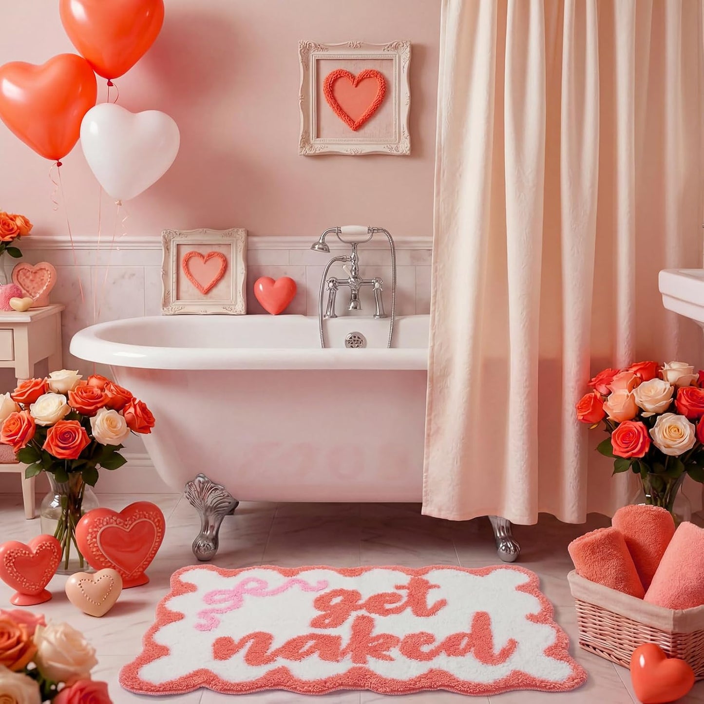 Boao Get Naked Bath Mat Coral Pink Bow Scalloped Bathroom Rug 20 x 32 Inch Soft Absorbent Non Slip Microfiber Rug Cute Aesthetic Preppy Bathroom Decor for Tub Floor Carpet Sink Shower