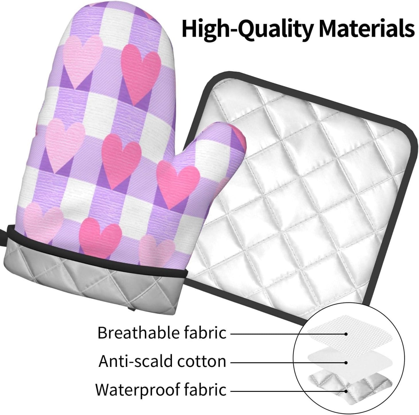 Pink and White Checkered Heart Pattern Oven Mitts and Pot Holders Sets,Heat Resistant Potholder Kitchen Decor for Cooking Baking BBQ, Oven Glove Set