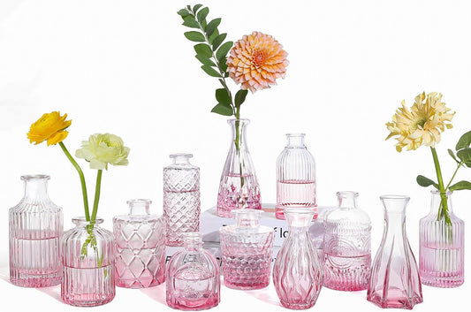 UPBUD Glass Pink Bud Vases Set of 12, Mini Flower Valentine Vase for Centerpieces, Small Vases in Bulk for Wedding Decorations, Vintage Vase for Table, Home Décor