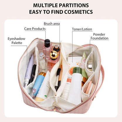 Large Capacity Travel Makeup Bag for Women, Waterproof Portable Cosmetic Bag with Compartments, Foldable Flat Lay Design for Easy Access, Perfect for Toiletries & Beauty Essentials (Pink)