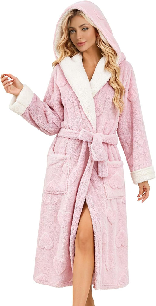 LYCY Womens Hooded Fuzzy Robe, Soft Plush Heart Jacquard Bathrobe, Long Cozy Fluffy Robe with Pockets