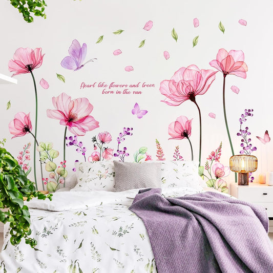 Huge Pink Flower Wall Stickers Watercolor Floral with Butterfly Decals Peel and Stick Art Decor for Girls Bedroom Living Room or TV Background