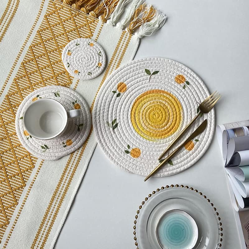 Round Placemats Fruit & Floral Pattern Rope Braided Place Mats Cute Fruit Table Mats,12 Inch,4-Piece Set (Peach,7inch/18cm)