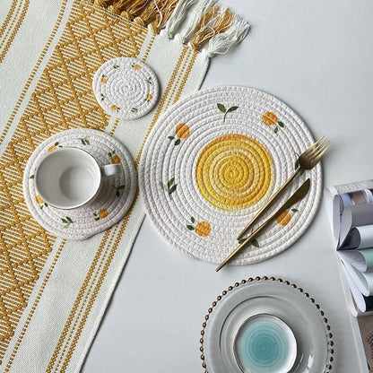 Round Placemats Fruit & Floral Pattern Rope Braided Place Mats Cute Fruit Table Mats,12 Inch,4-Piece Set (Peach,7inch/18cm)