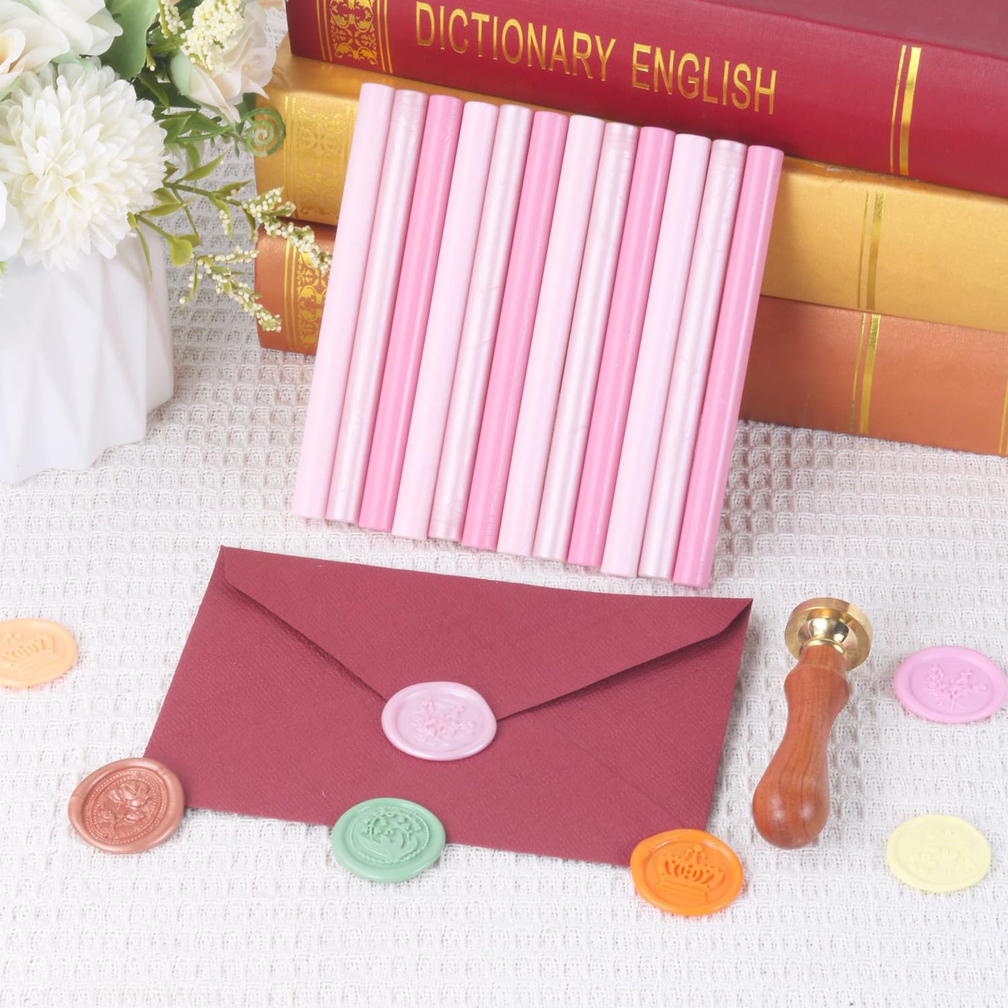 12pcs Wax Seal Sticks, HOSEALING 3 Colors Pink Sealing Wax Sticks Kit for Wax Seal Stamp, Pearl Pink Glue GUE Sticks Set for Wedding Invitations, Letter Sealing (Kit 15)