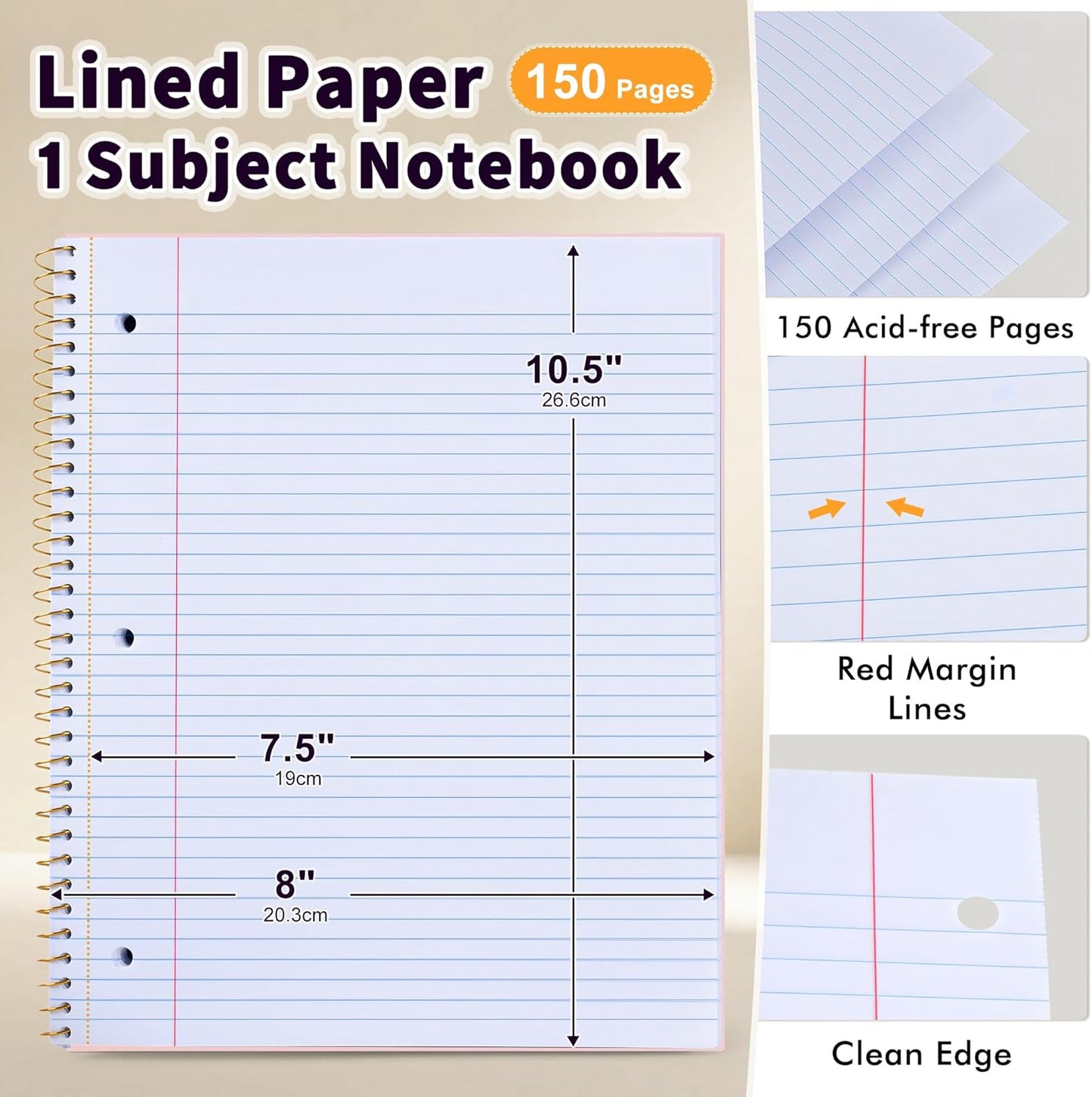 Spiral Notebook College Ruled Paper 8" x 10-1/2", 1 Subject Spiral Notebook 80GSM Paper, 3-Hole Punched Perforated Pages Ideal for School, Office, Writing, 75 Sheets Lined Journaling Notebook, Pink