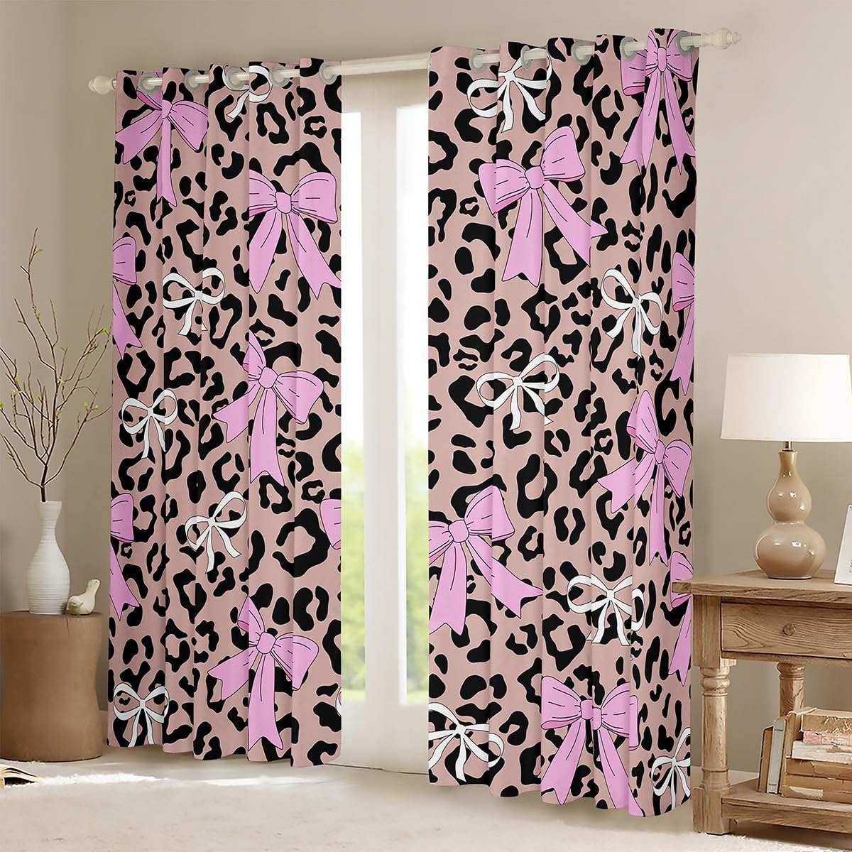 Erosebridal Bow Leopard Girly Pink Window Curtains 38" Wx54 L, 2 Panels | Bowknot Ribbon Blackout Curtains Fur Print Cheetah Brown Black Lightweight Window Treatments Drapes