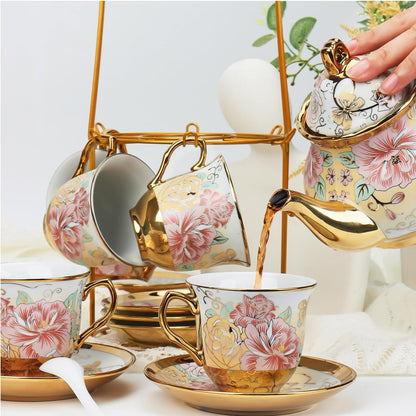 20 Pcs Porcelain Tea Set with Metal Holder, European Ceramic Tea Set for Adults, Antique Enamel Tea Cup Saucer Set for Party, Coffee Tea Gift Sets with Pink Flower Painting (Pink Enamel)