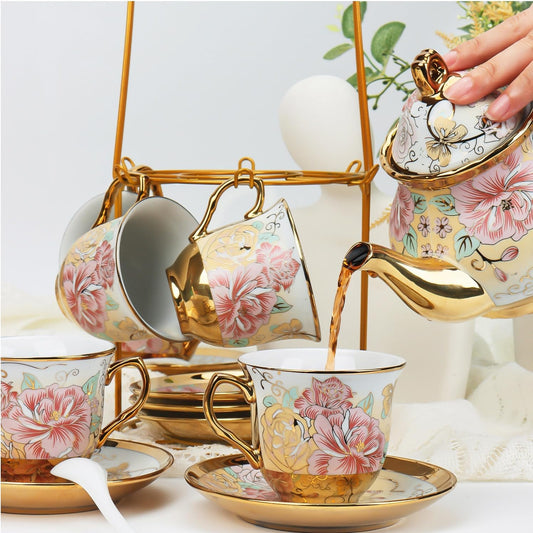20 Pcs Porcelain Tea Set with Metal Holder, European Ceramic Tea Set for Adults, Antique Enamel Tea Cup Saucer Set for Party, Coffee Tea Gift Sets with Pink Flower Painting (Pink Enamel)