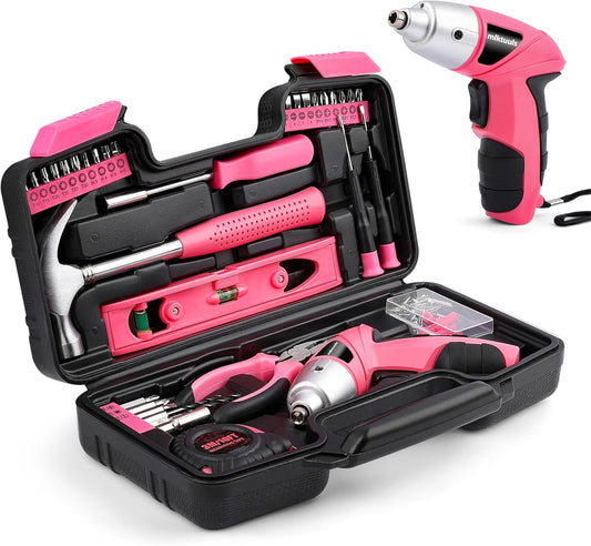 Electric Screwdriver Tool Set 112PCS, Home Tool Kit with 3.6V Small Power Cordless Screwdriver for Women, Pink