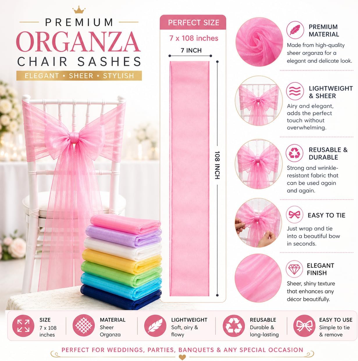 Elegant Organza Chair Sashes Sheer Fabric Sashes for Weddings, Parties, and Special Events – (Pack of 10 PC, Baby Pink)