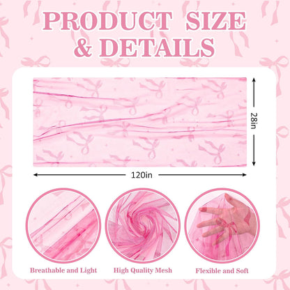 FYSUIMU Pink Bow Gauze Table Runner Coquette Bowknot Decorative Tulle Table Runner Sheer Fabric for Wedding Engagement Bridal Shower Party Coffee Tables Kitchen, 28 x 120 Inch