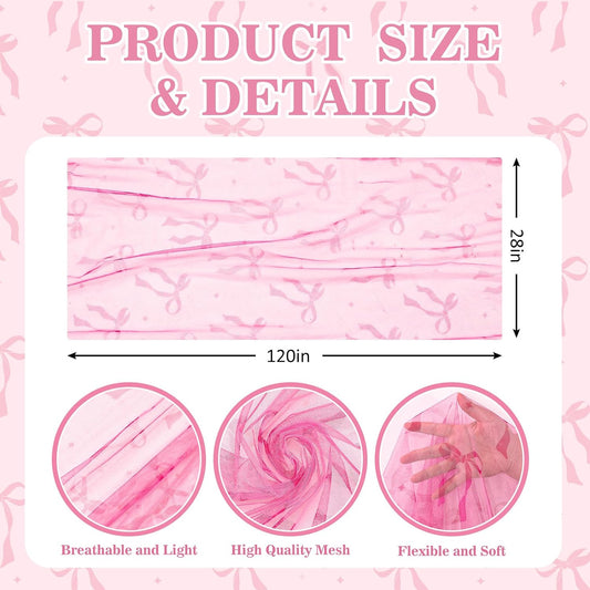FYSUIMU Pink Bow Gauze Table Runner Coquette Bowknot Decorative Tulle Table Runner Sheer Fabric for Wedding Engagement Bridal Shower Party Coffee Tables Kitchen, 28 x 120 Inch