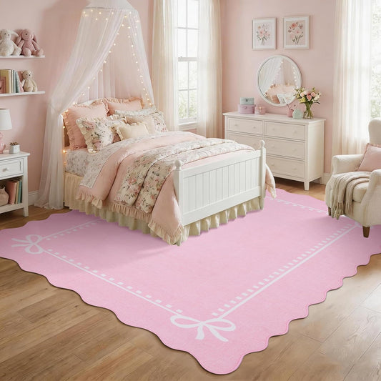 Garvee Scalloped Bow Rug 5x7, Soft Large Washable Area Rugs for Living Room Bedroom Dining, Non Slip Faux Wool Low Pile Farmhouse Nursery Decor, Boho Home Decor Rugs, Machine Washable, Pink