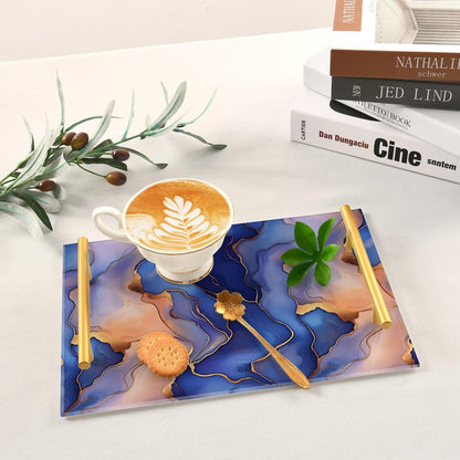Marble Royal Blue Peach Gold Decorative Acrylic Dinner Trays with Handles Decorative Serving Trays for Jewelry Perfume for Farmhouse Serving bandeja para desayuno personalizado