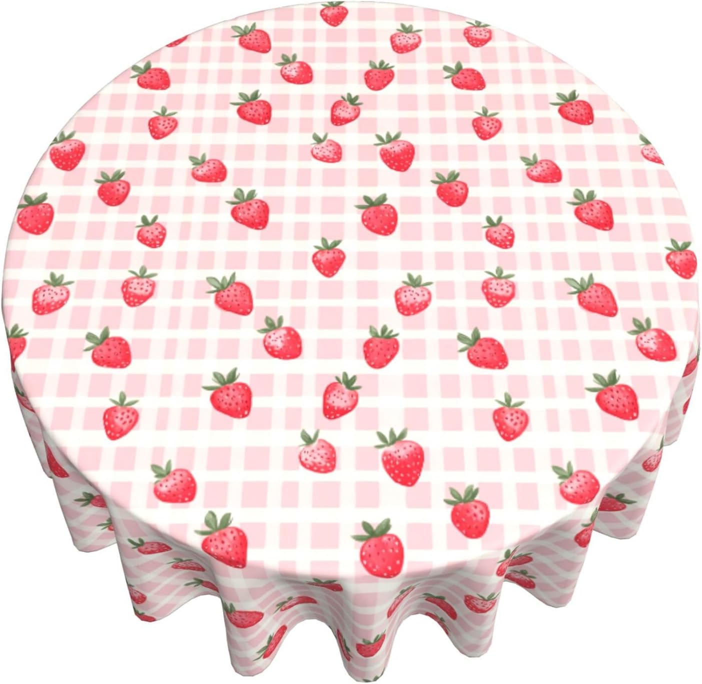 Famame Pink Gingham Cute Strawberry Round Tablecloth 60 inch Table Covers Stain Winkle Resistant Washable Tablecloths for Kitchen Indoor Outdoor Party