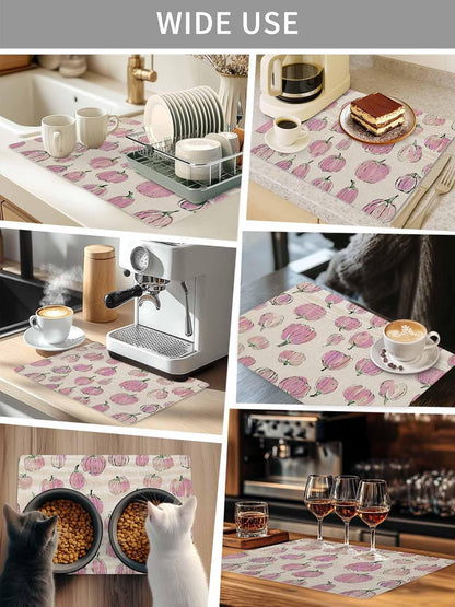 Coffee Mat for Countertops Fall Thanksgiving Light-pink Pumpkin Pattern Retro Linen Absorbent Dish Drying Mat for Kitchen Counter Coffee Bar Accessories Rubber Backed for Espresso Machine 16" x 18"