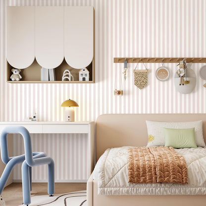 Tomete Pink and White Striped Wallpaper Peel and Stick Modern 17.3"x78.7" Self-Adhesive Removable Wallpaper for Girls, Work in Bedroom, Nursery, Vinyl Film for Cabinets Waterproof, Easy to Clean/Match