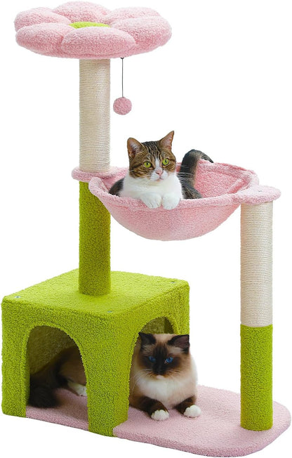 PEQULTI Flower Cat Tree, 36.6" Pink Cat Tower with Sisal Scratching Posts for Indoor Cats, Large Hammock, Condo and Pink Top Perch for Kittens, Fluffy Ball, Blue